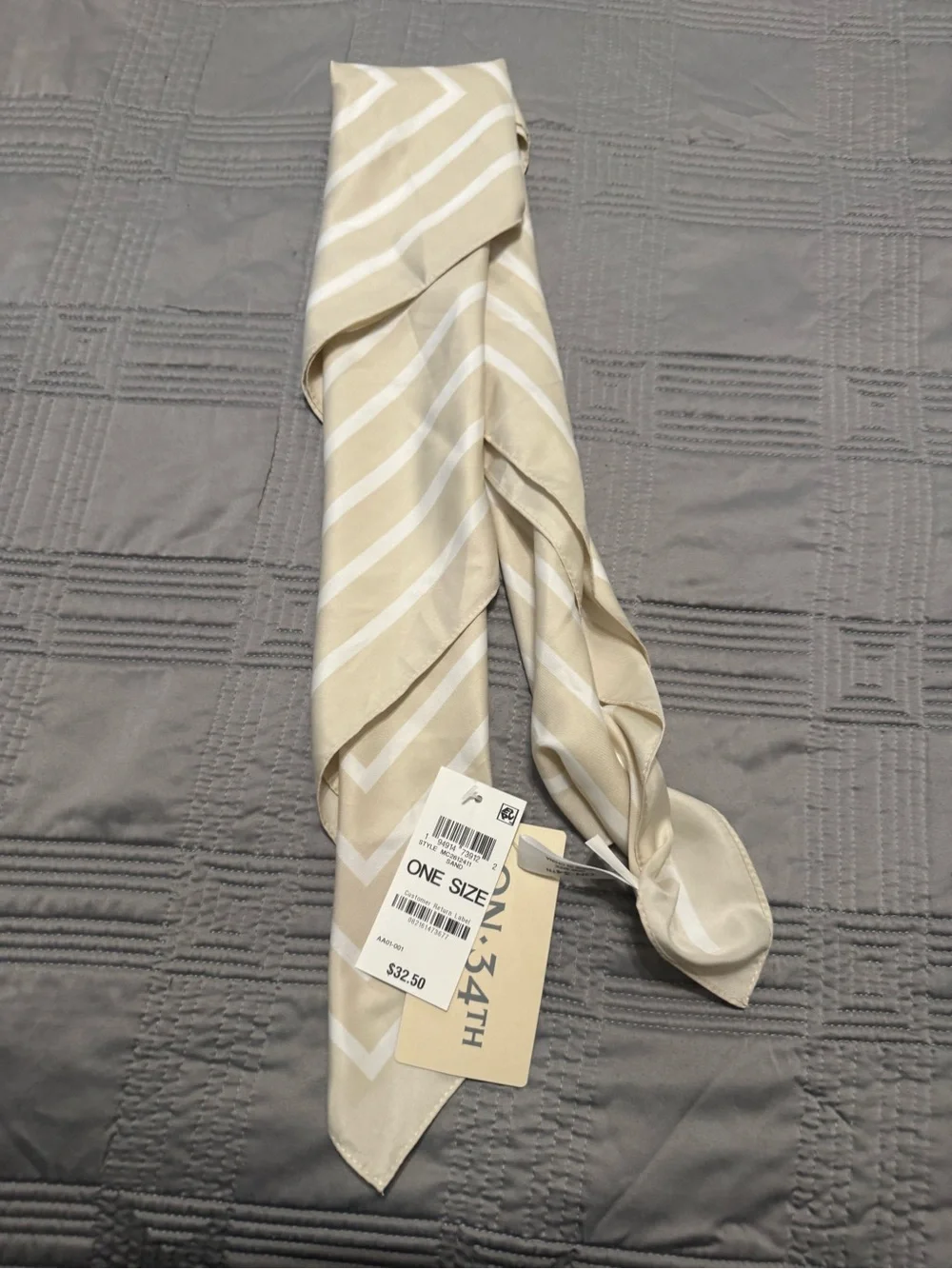 On 34th Striped Bandana Scarf Women's One  Size Sand. NWT